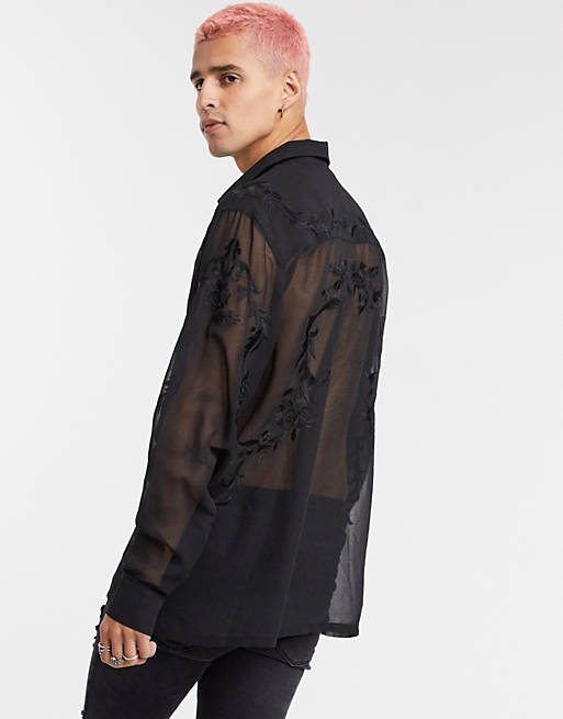ASOS DESIGN regular fit sheer shirt with floral embroidery in black