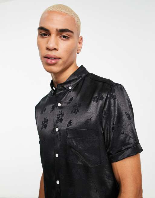 ASOS Regular Fit Satin Mandarin Collar Shirt in Black for Men