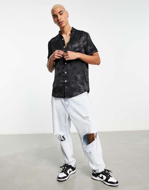 ASOS DESIGN regular fit shirt in black floral jacquard, 4 of 4