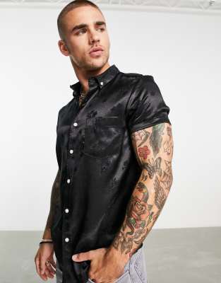 Asos Design Regular Fit Shirt In Black Floral Jacquard Asos