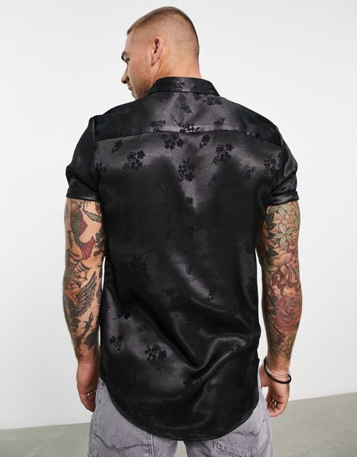 ASOS DESIGN regular fit shirt in black floral jacquard | ASOS