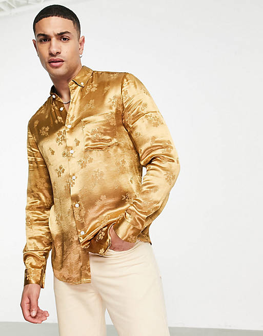 ASOS DESIGN regular fit shirt in bronze floral jacquard