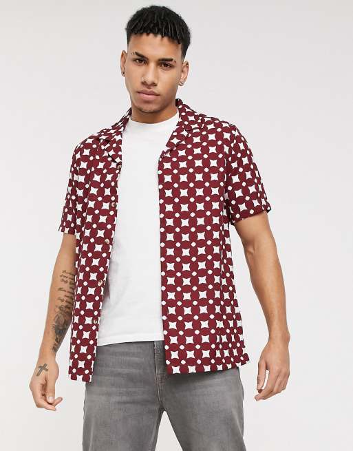 Asos Design Regular Fit Shirt In Burgundy Geo Print Asos 6740