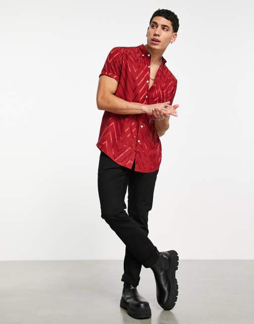 ASOS DESIGN regular fit shirt in burgundy jacquard print