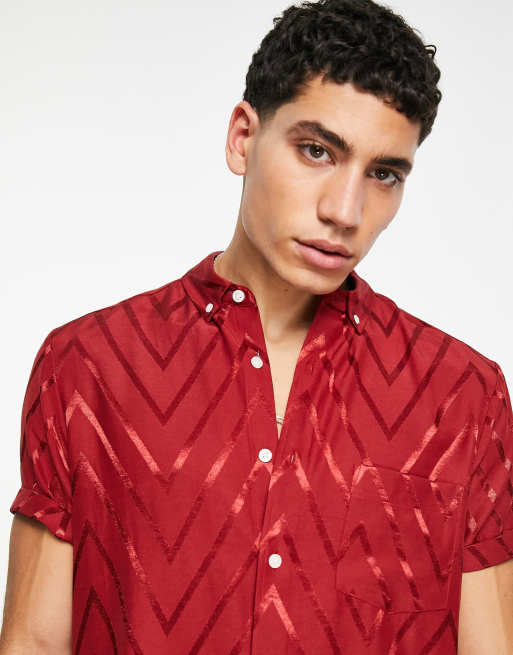 ASOS DESIGN regular fit shirt in burgundy jacquard print, 4 of 4