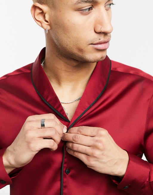 ASOS DESIGN regular fit shirt in burgundy with contrast piping