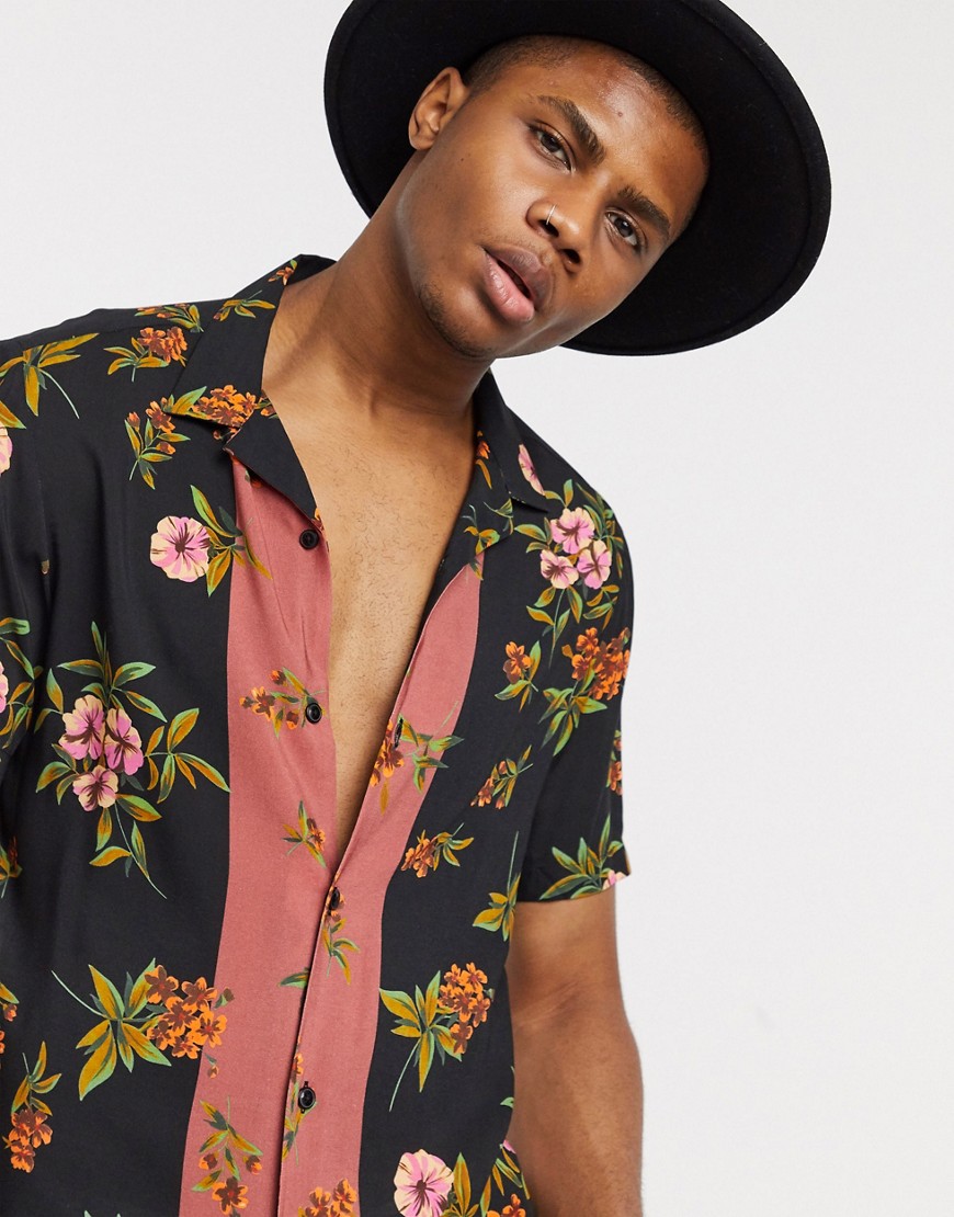 ASOS DESIGN regular fit shirt in floral border print-Black