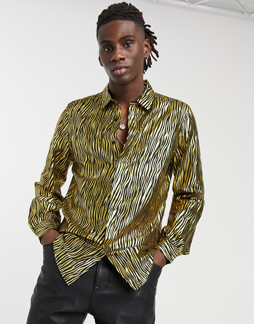 ASOS DESIGN regular fit shirt in gold metallic fabric with volume sleeve