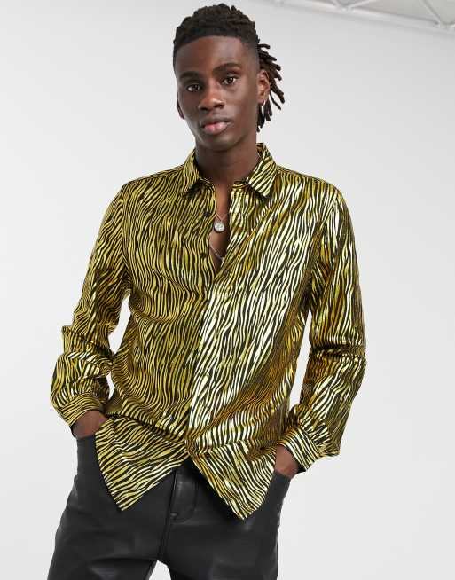 ASOS DESIGN regular fit shirt in gold metallic fabric with volume ...