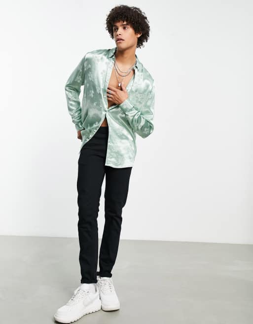 ASOS DESIGN regular fit shirt in green floral jacquard | ASOS