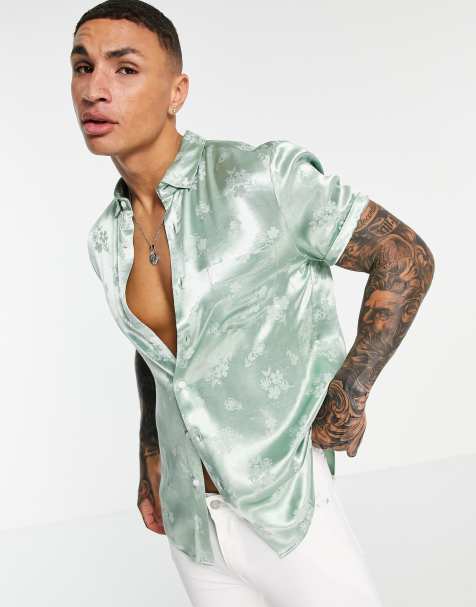 ASOS DESIGN regular fit shirt in mint floral jaquard - view 1