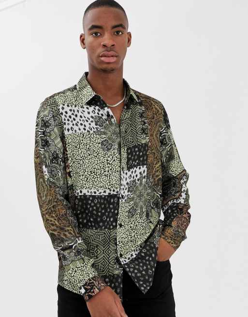 ASOS DESIGN regular fit shirt in mix & match print in satin | ASOS