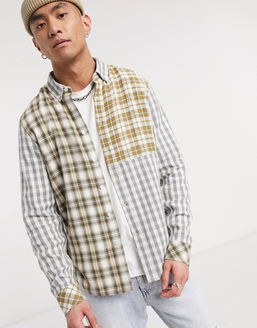 ASOS DESIGN regular fit shirt in mixed patchwork heritage check-Grey