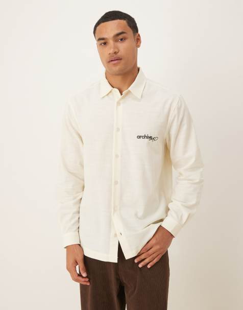 ASOS DESIGN regular fit shirt with chest embroidery in beige - view 1