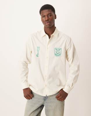 Asos Design Regular Fit Shirt With Chest Embroidery In Neutral