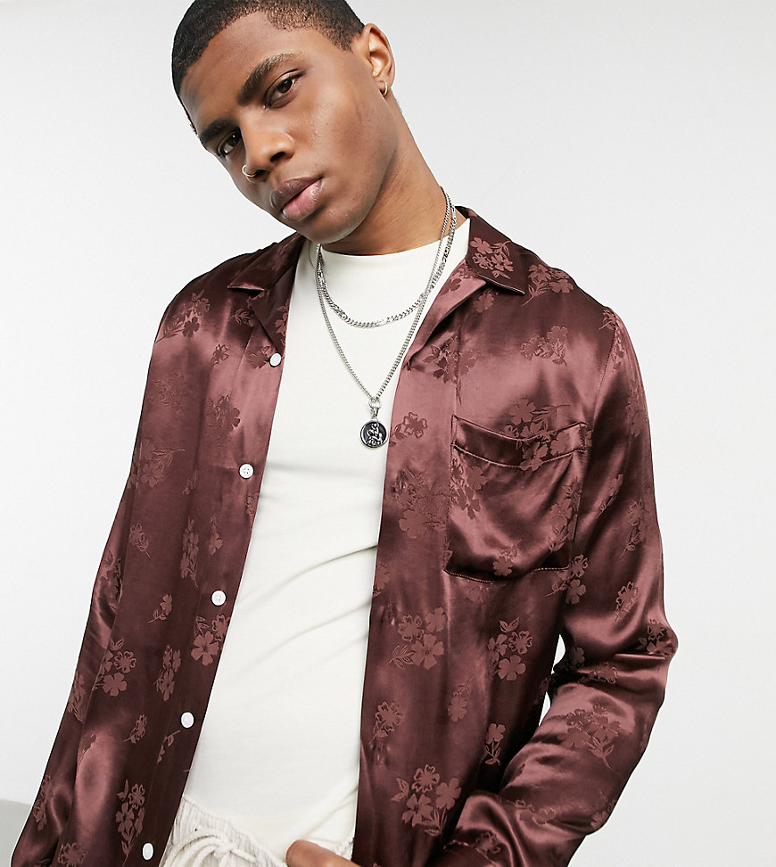 ASOS DESIGN regular fit shirt with deep revere in floral jacquard in chocoate brown