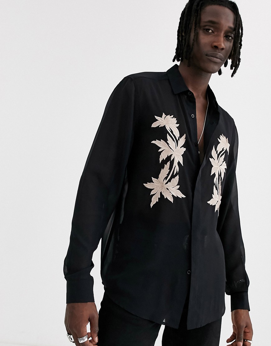 ASOS DESIGN regular fit shirt with embroidered front detail-Black