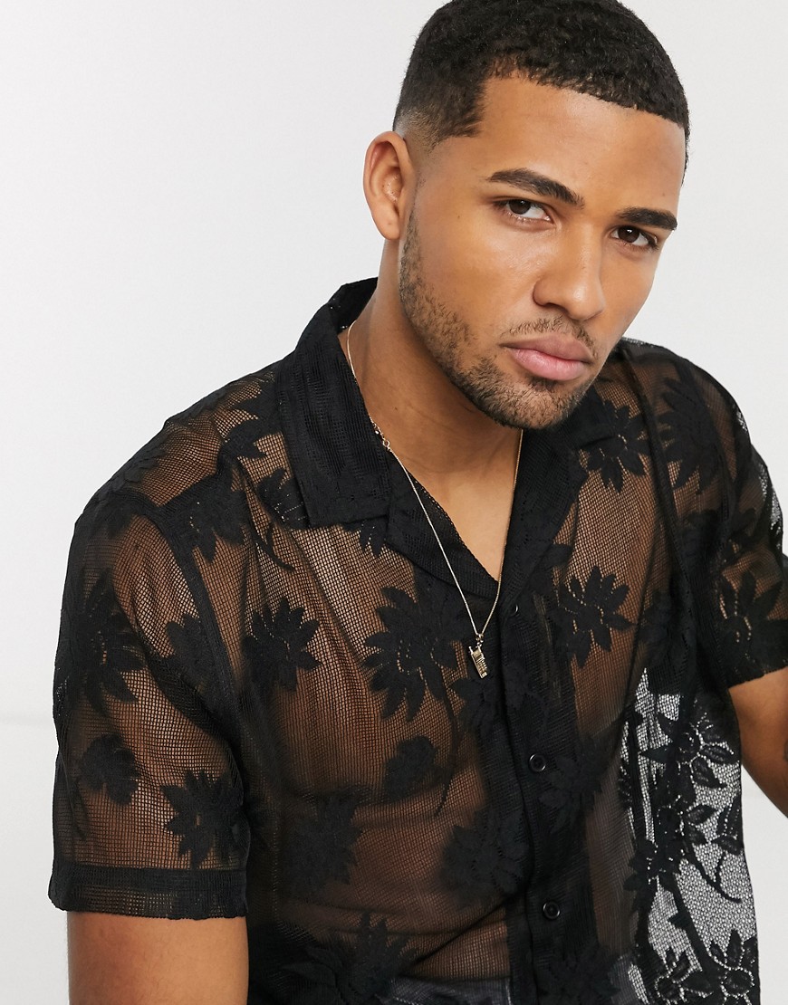 ASOS DESIGN regular fit shirt with revere collar in floral black lace
