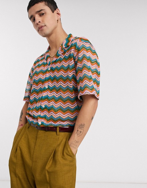 ASOS DESIGN regular fit shirt with revere collar in knitted chevron stripe