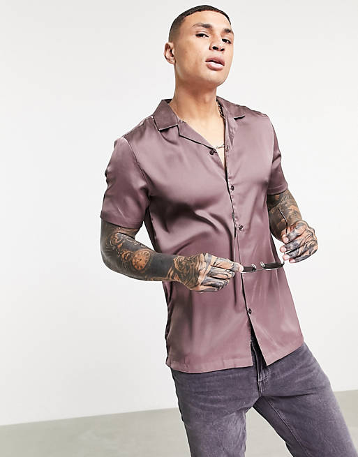 ASOS DESIGN regular fit short sleeve satin shirt with revere collar in mauve