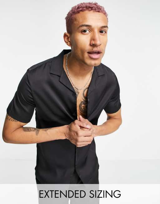 ASOS DESIGN regular-fit short-sleeved satin shirt with revere collar in black 