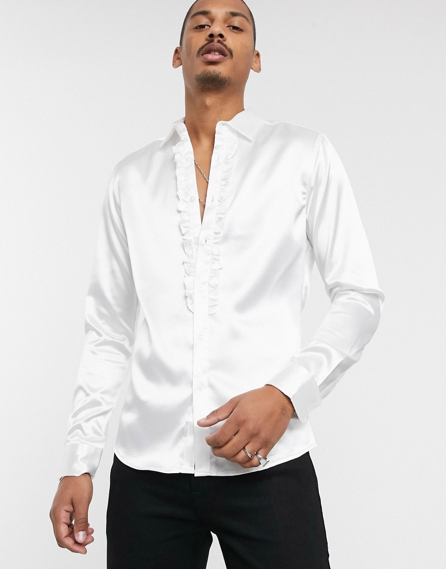 ASOS DESIGN regular fit slinky satin shirt with bib detail in off white-Beige