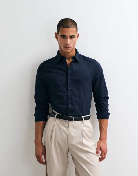 ASOS DESIGN regular fit smart linen blend shirt in navy