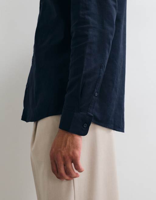 ASOS DESIGN regular fit smart linen blend shirt in navy, 2 of 5