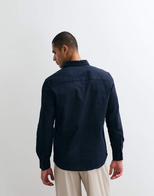 ASOS DESIGN regular fit smart linen blend shirt in navy, 3 of 5