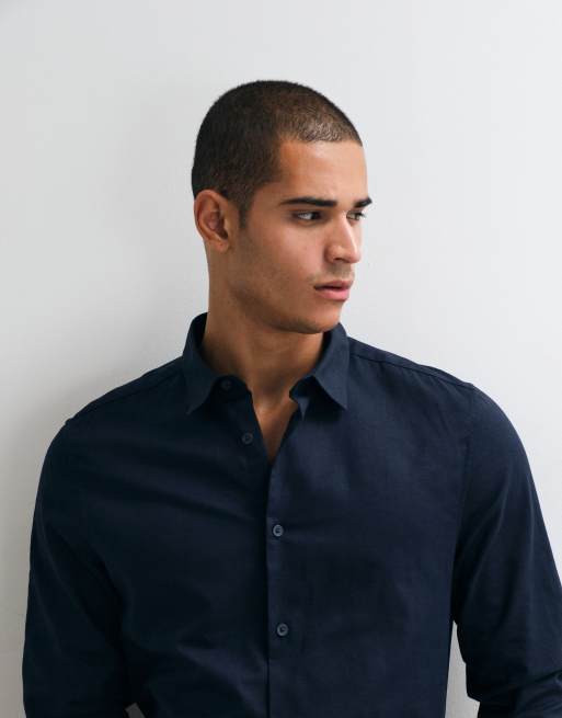 ASOS DESIGN regular fit smart linen blend shirt in navy, 5 of 5