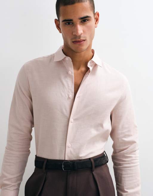 ASOS DESIGN regular fit smart linen blend shirt in pink, 5 of 5