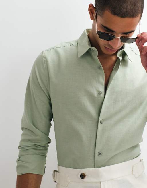 ASOS DESIGN regular fit smart linen blend shirt in sage green, 4 of 5
