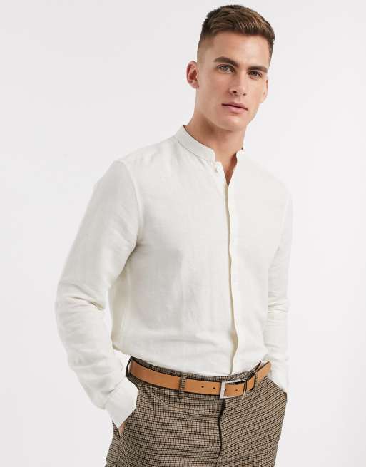 ASOS DESIGN regular fit smart linen shirt with mandarin collar in ecru ASOS