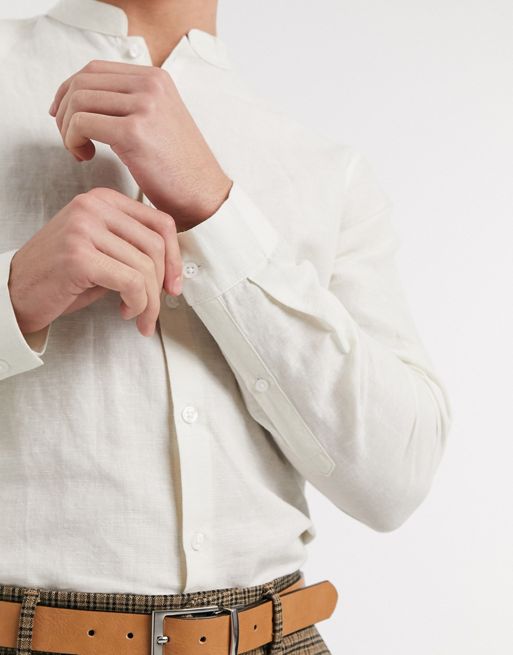 ASOS DESIGN regular smart linen shirt with mandarin collar in pink