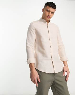 ASOS DESIGN regular smart linen shirt with mandarin collar in pink