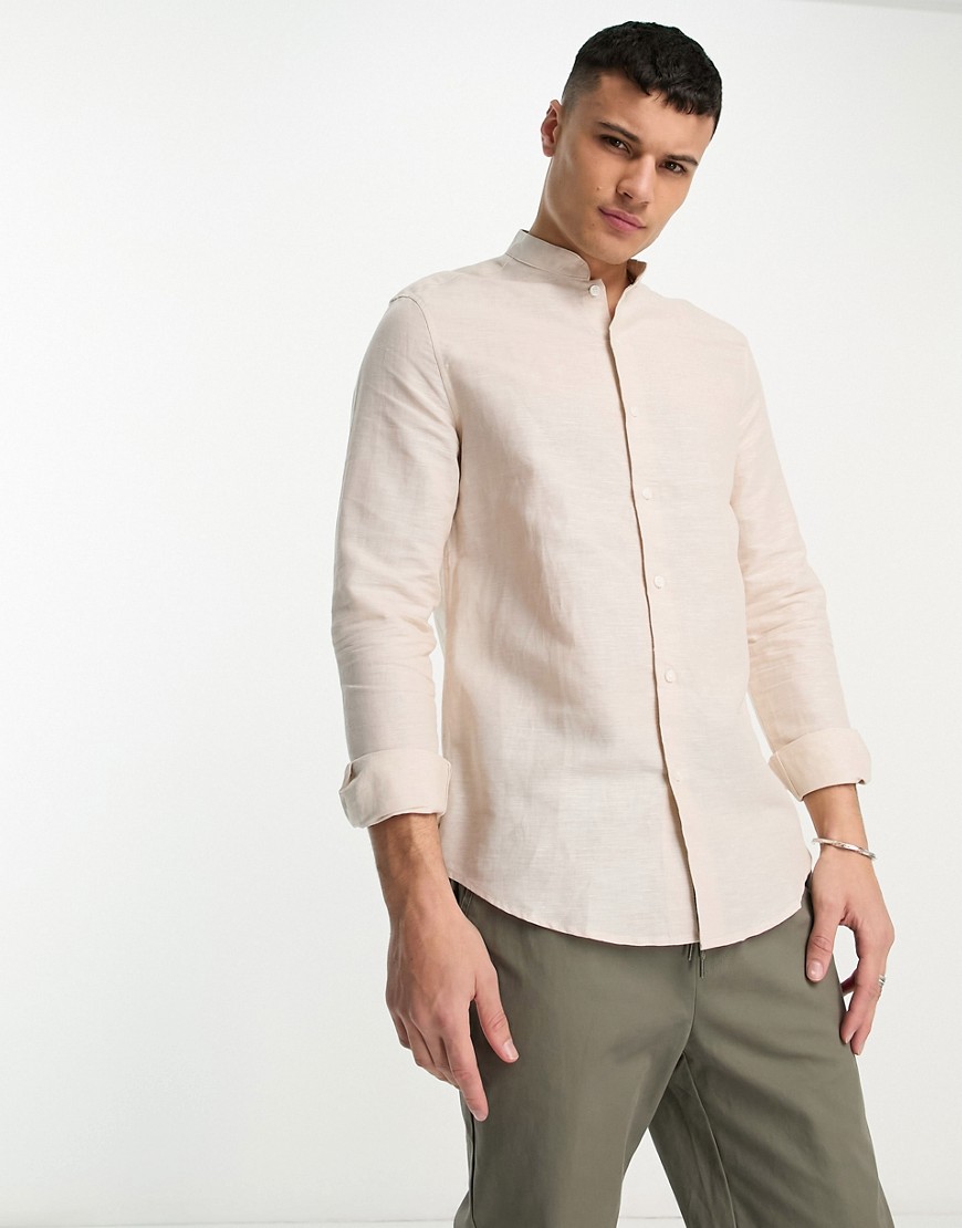 ASOS DESIGN regular fit smart linen shirt with mandarin collar in ecru-Neutral