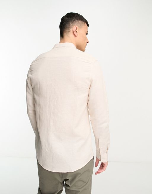 ASOS DESIGN regular fit smart linen shirt with mandarin collar in ecru