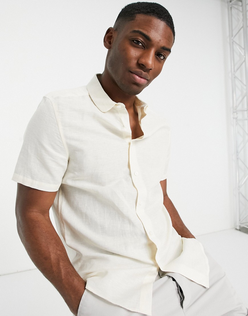 ASOS DESIGN regular fit smart linen shirt with penny collar in ecru-Neutral