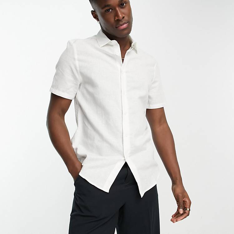 ASOS DESIGN regular fit smart linen short sleeve shirt in white