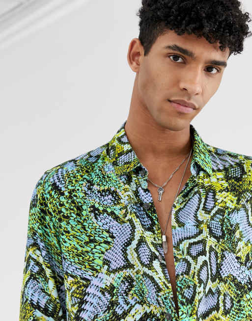 DESIGN regular fit snake skin shirt in neon green | ASOS