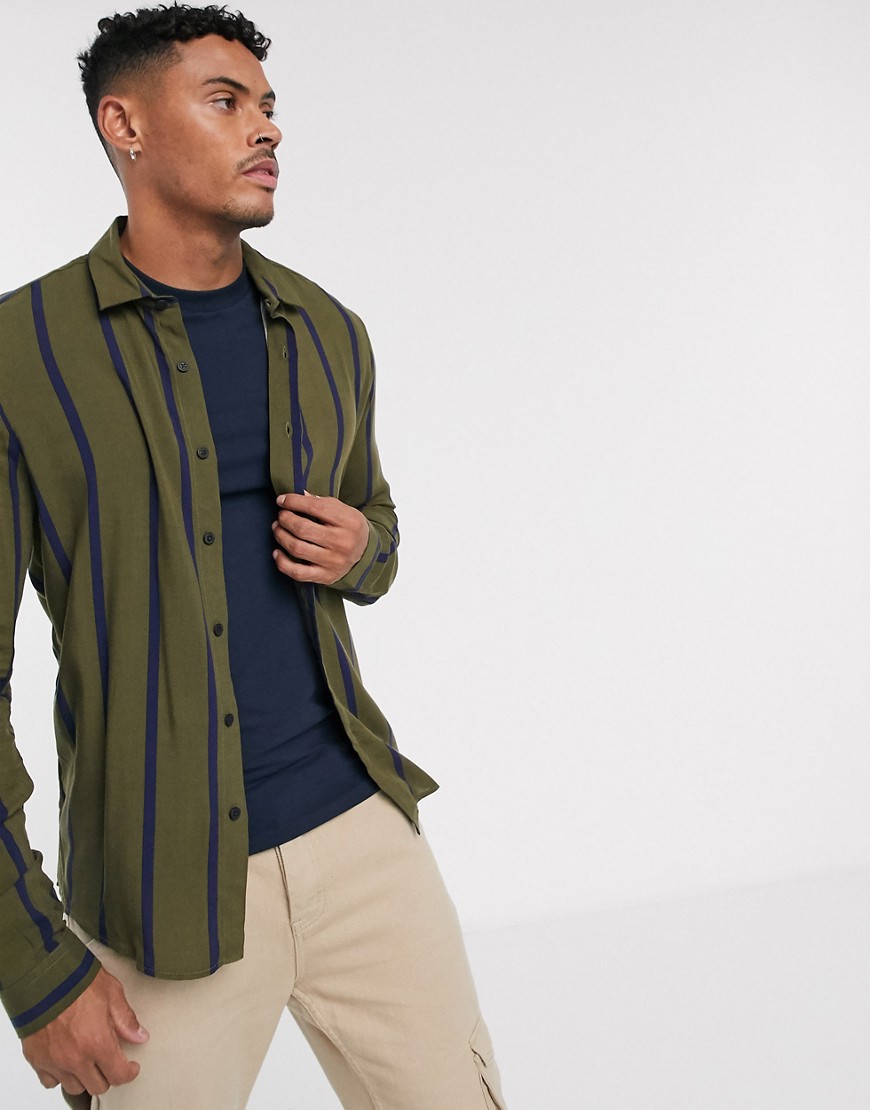 ASOS DESIGN regular fit stripe shirt in green and navy