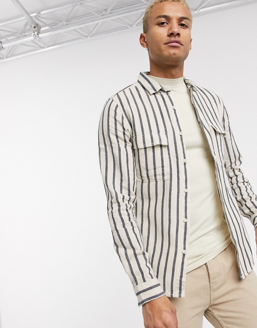 ASOS DESIGN regular fit stripe shirt in linen mix with utility pockets-White