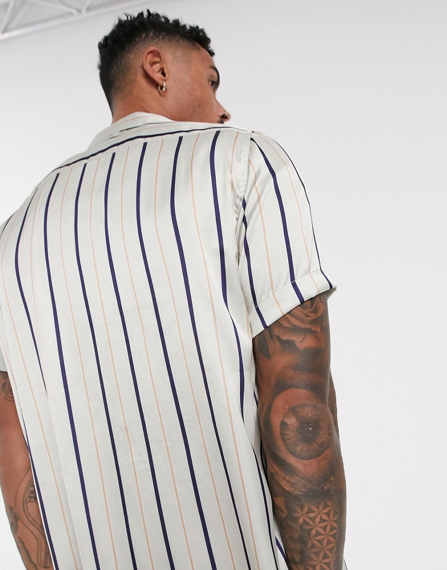 ASOS DESIGN regular fit stripe shirt in white with deep revere-Beige