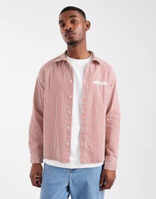 ASOS DESIGN regular fit stripe shirt with chest embroidery in red