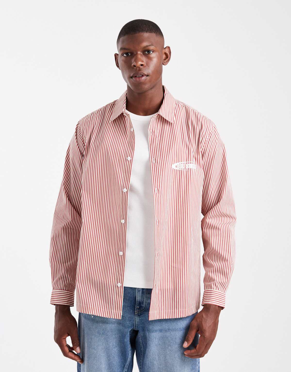 ASOS DESIGN regular fit stripe shirt with chest embroidery in red