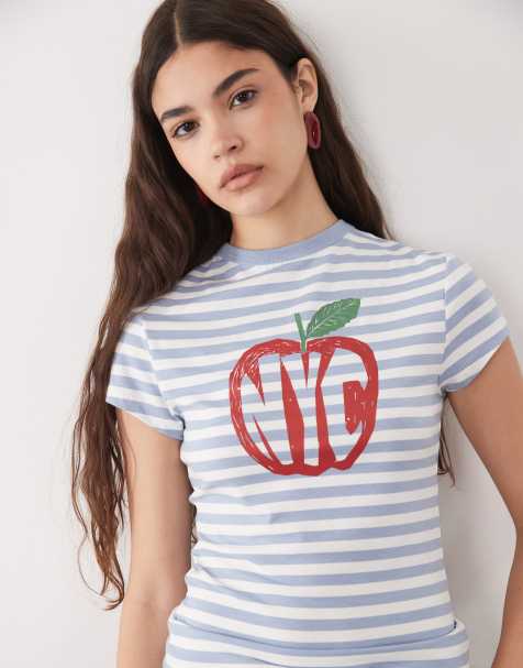 ASOS DESIGN regular fit stripe t-shirt with NYC apple graphic - view 1