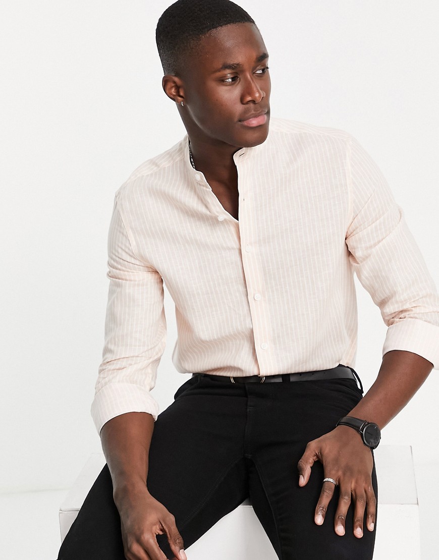 ASOS DESIGN regular fit striped linen shirt with grandad collar in pink