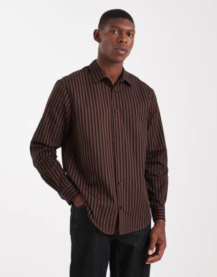 Asos Design Regular Fit Striped Shirt In Brown