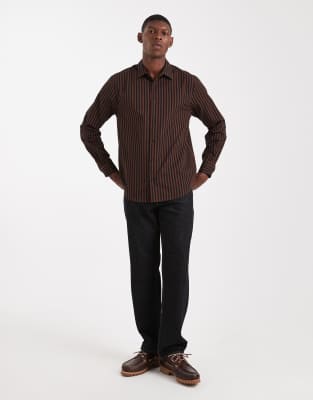 Asos Design Regular Fit Striped Shirt In Brown