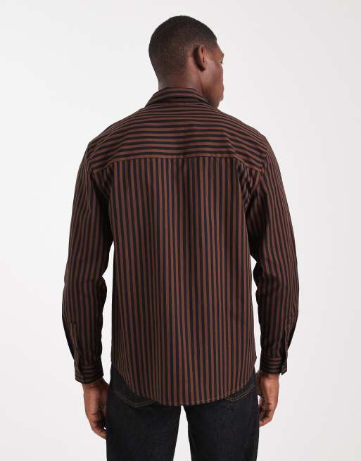 ASOS Design regular fit striped shirt in brown